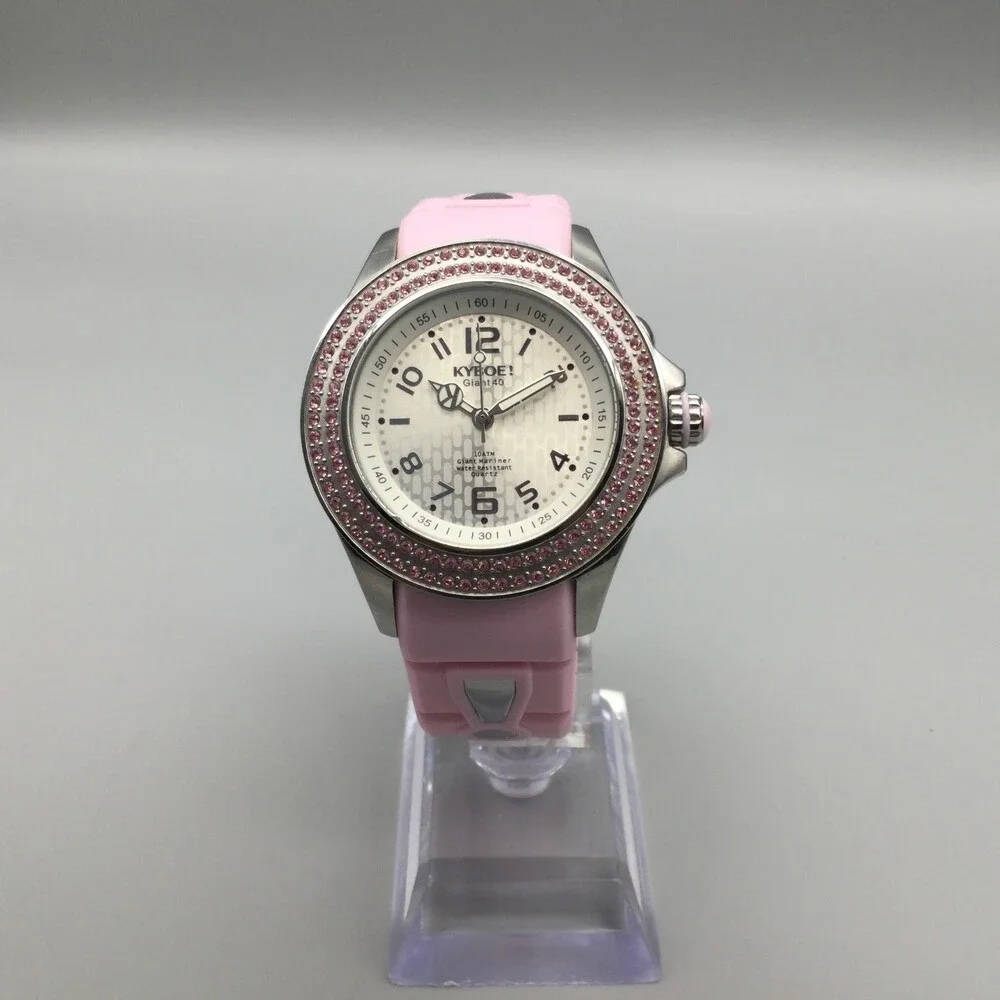 Kyboe! Giant 40 Watch Women 40mm Silver Tone Pink Crystals New Battery
